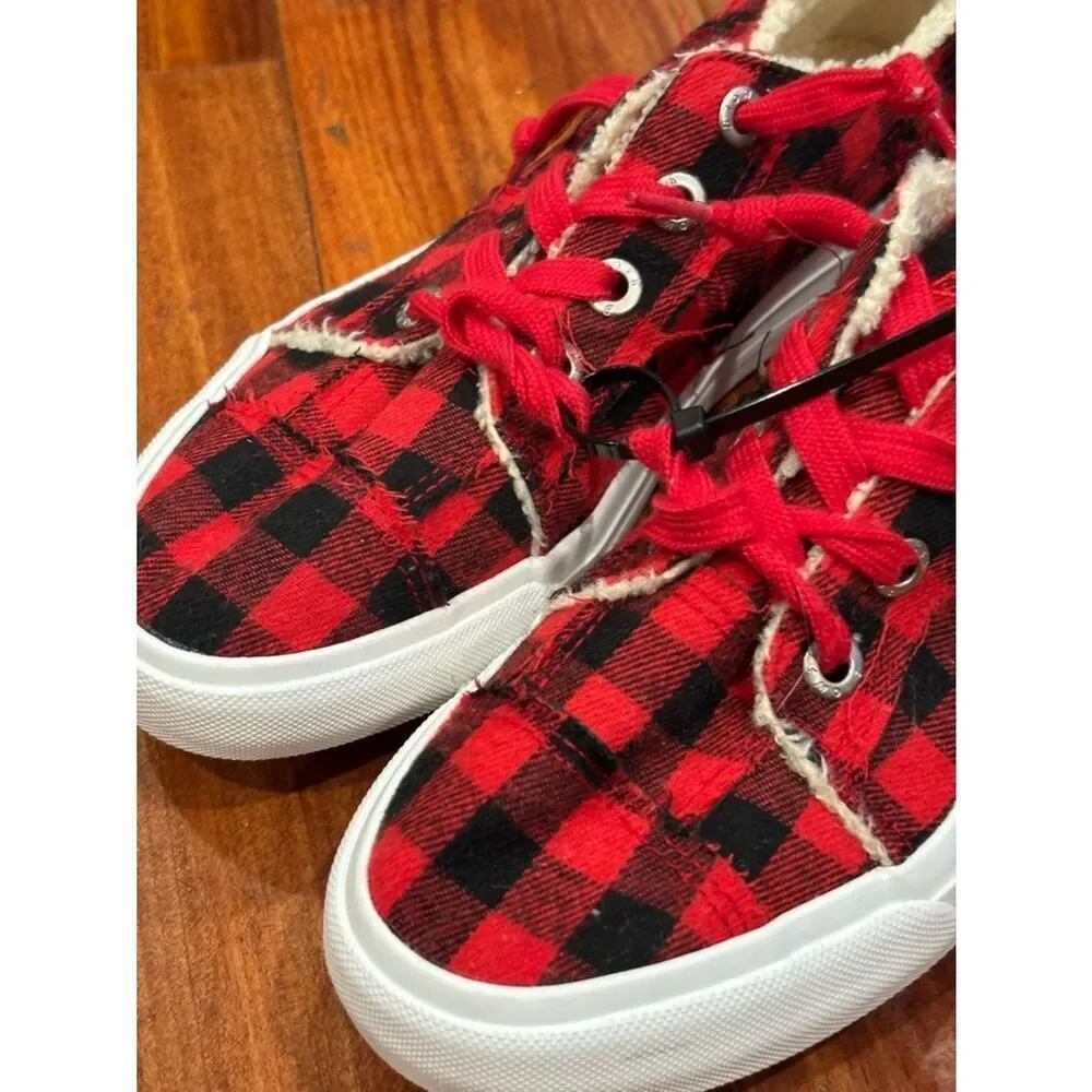 Blowfish Malibu Red Black Buffalo Plaid Lace-Up Sneakers size 8.5 Women’s
